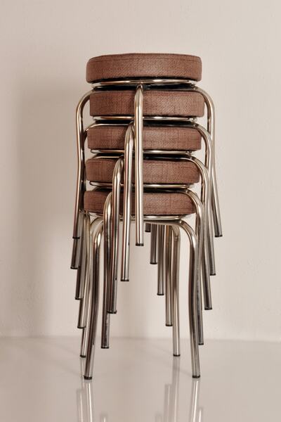 AKK TİCARET 5 Adet Kahverengi Desenli Renkli Kumaş Nikelajlı Demir Tabure Mut...