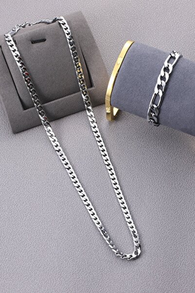 Bluem Paslanmaz Çelik Figaro Erkek Kolye Ve Bileklik Zincir Seti - Ithal Kara...