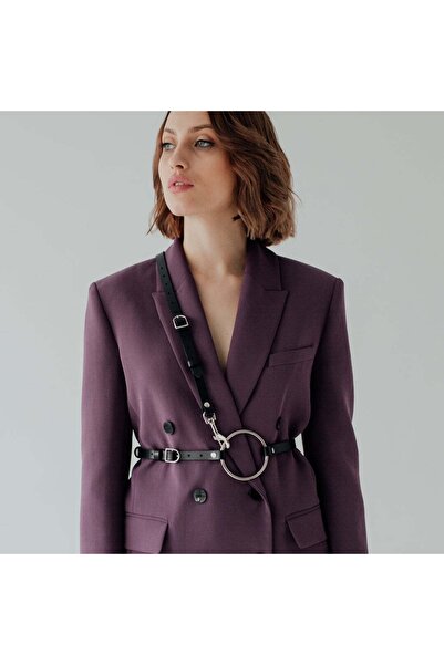 Sweet Demon Black Leather Corset Belt - Shoulder Detailed, Strap, Large Ring