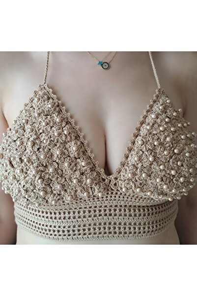 SOUL BY A&B El Örgüsü Crop Çiçekli Incili El Örgüsü Büstiyer Bikini Bluz Bej ...