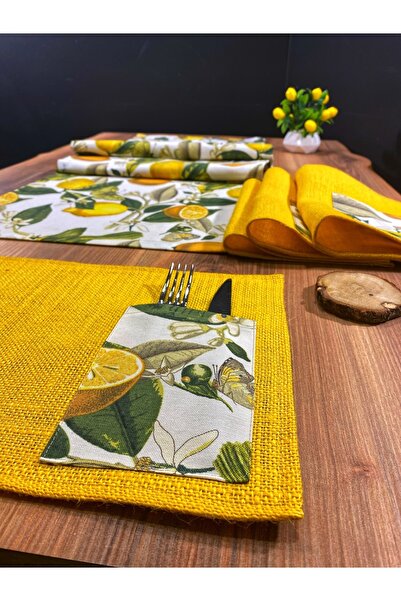 Biz Class Lemon Pattern 4 Pieces Wicker Yellow Jute American Service and Runner Set, Lemon Runner / Runner-Tablecloth
