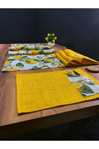 Biz Class Lemon Pattern 4 Pieces Wicker Yellow Jute American Service and Runner Set, Lemon Runner / Runner-Tablecloth