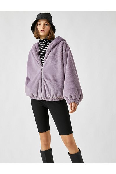 Koton Women's Hooded Zippered Purple Plush Coat 2Kal58048Iw