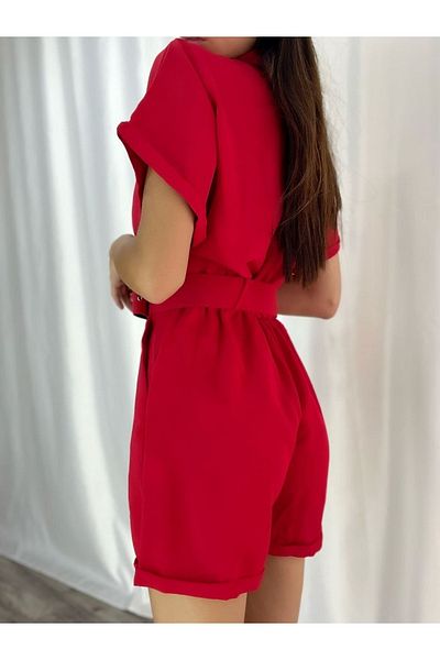 rengamoda Women's Red Woven Crepe Fabric Belted Shorts Jumpsuit