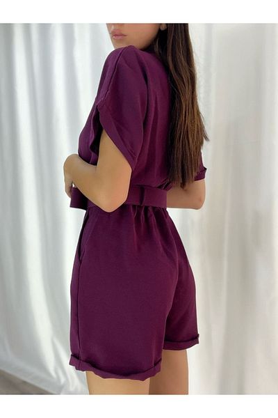 rengamoda Salopetă pantaloni scurți cu curea din crepon țesut din prune pentru femei