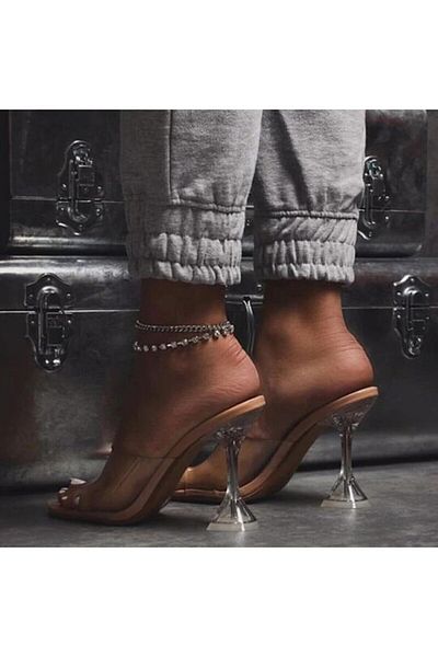 TrendyAnka Women's Nude Skin Beige 8cm Transparent Heeled Blunt Square Toe Stiletto Shoes Slippers