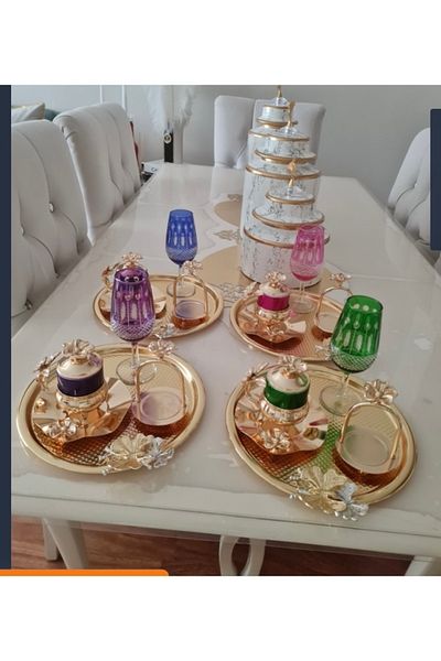 Elzem Decorative Gold Plated 4-Piece Coffee Tray with Butterfly Accessory, Luxury Presentation