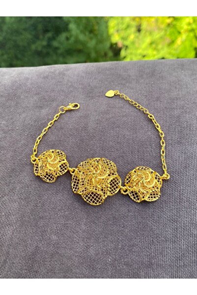 barisiva gold 22 Ayar Altın Kaplama 3 Çiçek Desenli Bileklik