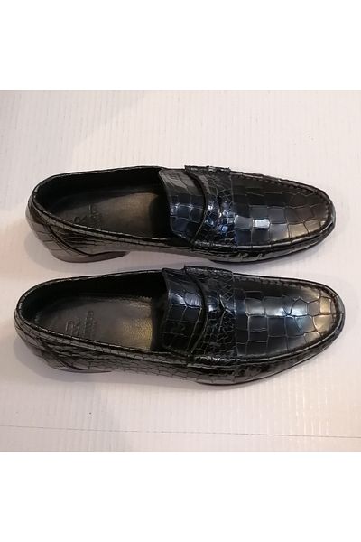 Redwood Unisex Genuine Leather Crocodile Print Black Hand Stitched Banded Thin Injection Leather Sole Loafer Shoes