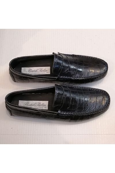 Butik Tülin Unisex Genuine Leather Crocodile Print Dark Navy Blue Banded Hand Stitched Flexible Snap Rubber Sole Loafer