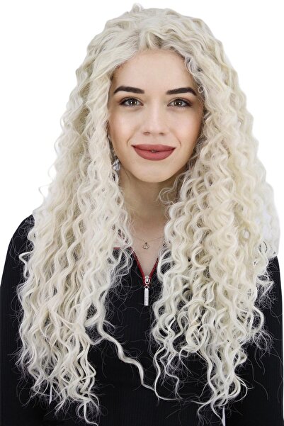 Eva Peruk Afro Dalgalı Tül Peruk Beyaz Platin 300 gr 70 Cm