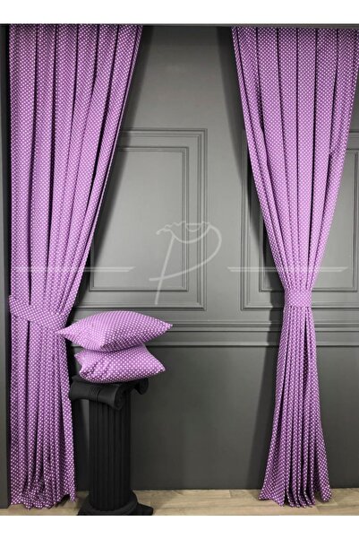 rendecioğlutekstil Fon Perde Eflatun Renk Puantiye Kırlent Hediyeli