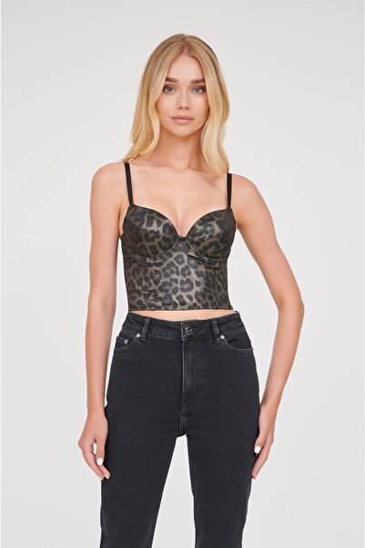 Kutanum Mabelle Haki Leopar Renkli Askılı Crop Top Saten Büstiyer
