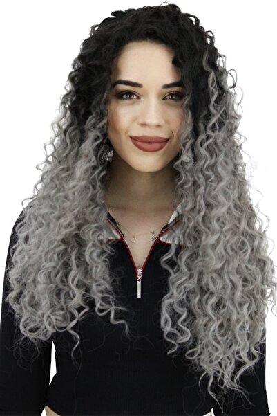 Eva Peruk Afro Dalgalı Tül Peruk Siyah Gri Ombreli 300 gr 70 cm