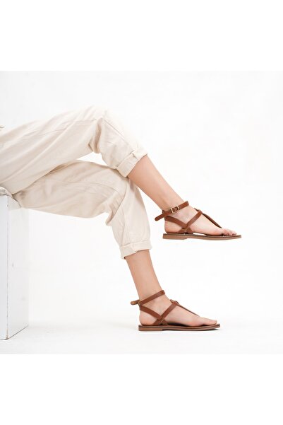 BodrumSandals صندل بودروم نسائي مصنوع يدويًا من الجلد الطبيعي بلون أسمر - M2054