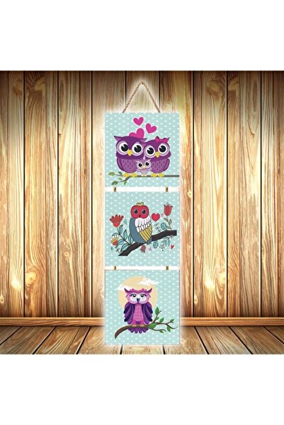 hazalshop Τριπλή ρετρό ξύλινη αφίσα με σχέδιο κουκουβάγιες U544