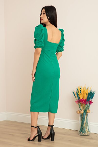 PULLIMM Kalp Yaka Prenses Kol Midi Krep Elbise 9003