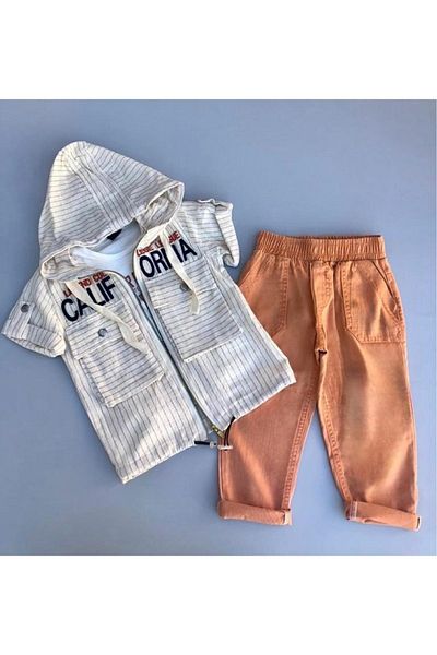 Sparrow Laurel Orange Stripe Linen Shirt, T-Shirt and Jeans for Boys - 3 Piece Holiday Suit