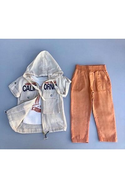 Sparrow Laurel Orange Stripe Linen Shirt, T-Shirt and Jeans for Boys - 3 Piece Holiday Suit