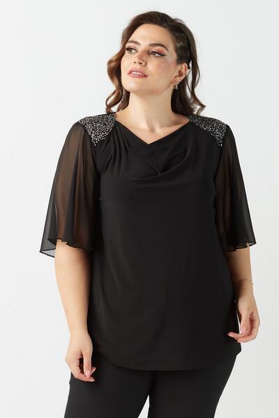 Moda Alba بلوزة نسائية أنيقة ومرنة مقاسات كبيرة مع أحجار كتف سوداء