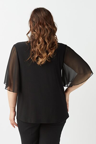 Moda Alba Μαύρη πέτρα στους ώμους Κομψή ελαστική γυναικεία μπλούζα μεγάλου μεγέθους