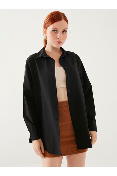 MEECY Schwarzes, übergroßes, langes Basic-Shirt für Damen