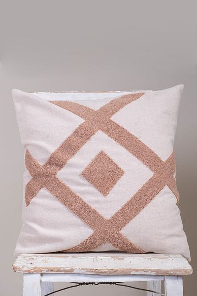 vivamaison Țesătură de bumbac bej, special concepută, cu broderie maro, husă de pernă 43x43 cm
