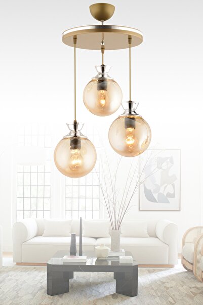 GYK LİGHT Dilara 3 Lü Tepsi Eskitmeye Krom Yaldızlı Yuvarlak Camlı Modern Avize