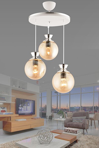 GYK LİGHT Dilara 3 Lü Tepsi Beyaza Krom Glop Camlı Lüks Modern Avize