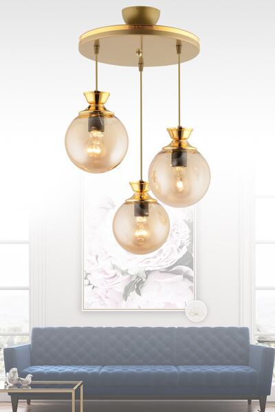 GYK LİGHT Dilara 3 Lü Tepsi Eskitmeye Gold Yaldızlı Modern Yuvarlak Camlı Ayd...