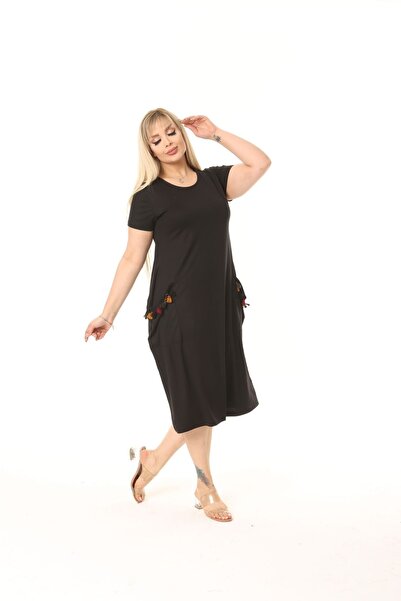 Mami Φόρεμα μεγάλου μεγέθους, έθνικ, με διπλή τσέπη, κοντό μανίκι, χαλαρή εφαρμογή, βαμβακερό φόρεμα από βισκόζη