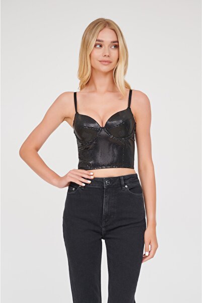 Kutanum Tilda Siyah Renk Askılı Crop Top Payetli Büstiyer