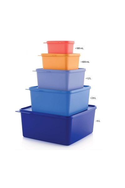 Tupperware Square Storage Container 5-Piece Multi-Purpose Box Colorful