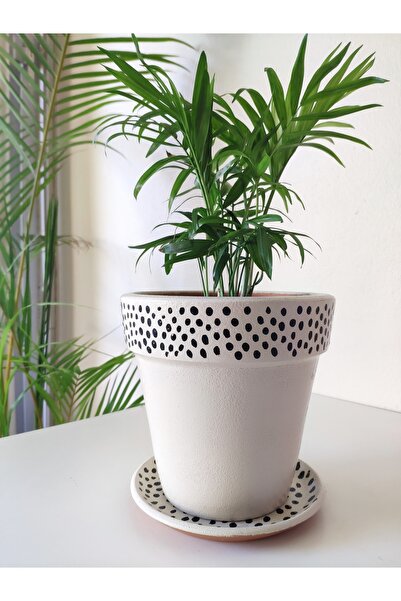 Nova Elite El Yapımı Krem Rengi Benekli Toprak Pottery Çömlek Saksı Çiçeklik