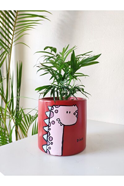Nova Elite El Yapımı Kırmızı Dinazor Boyamalı Terracotta Çömlek Saksı Çiçeklik