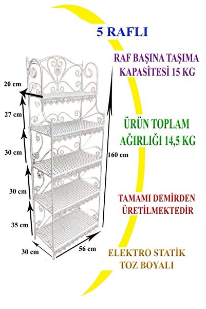 Ferforje Naz tasarım Naz Tasarım Ferforje Dekorasyon 5 Katlı Üçgen Dantel Detaylı Çok Amaçlı Raf Beyaz