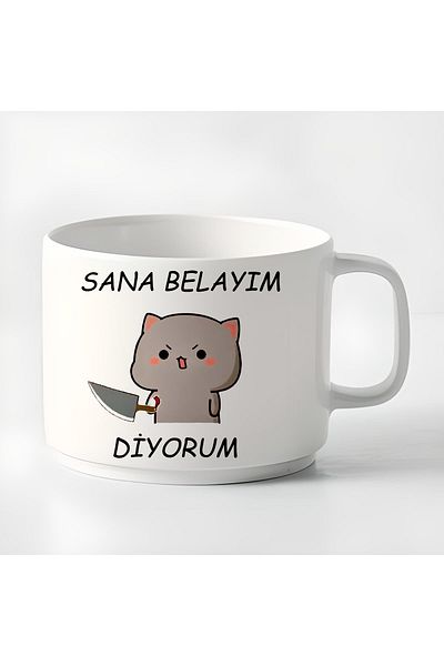 GünayStore Double Turkish Coffee Cup & Espresso I Call You Trouble Mochi Cat Printed Mug 180 Ml