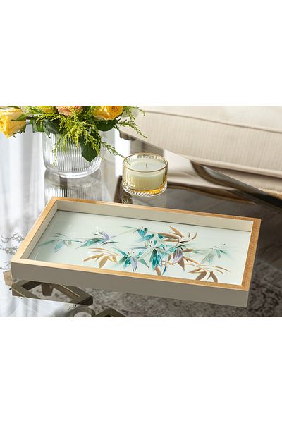 English Home Bamboo Glass Decorative Tray 22x37 Cm Cream-Gold