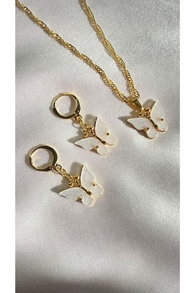 Gizemli Aksesuar Women's Ecru Butterfly Necklace and Earring Set