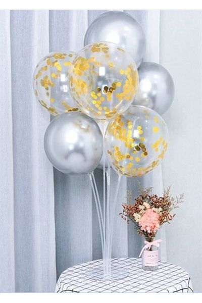 Çemrek Süs Parti Silver Balloon Stand with Confetti - 1 Stand and 10 Transparent and Chrome Balloons