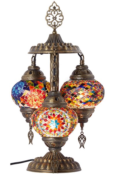 Demmex Mozaik Masaüstü Otantik Lamba Dekor Abajur Aydınlatma Gece Masa Komodin Lambası, 3 Cam