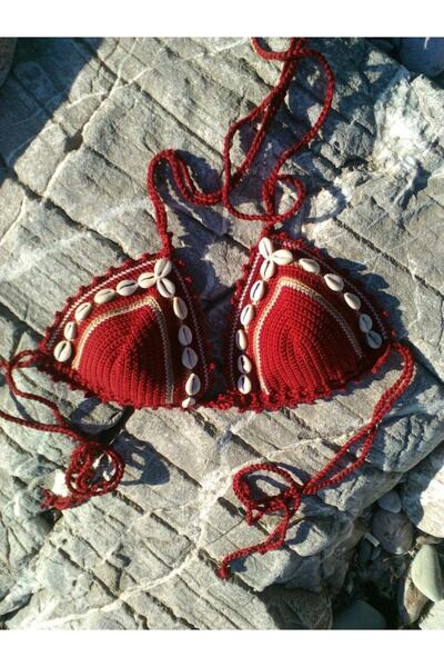 MAJOR ÇANTA VE AYAKKABI Major Crochet Seashell Red Knitted Bikini Set