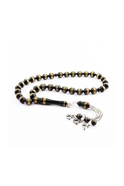 PİGADO Sarı Pirinç İşlemeli Sığırcık Kesim Siyah Kuka Tesbih