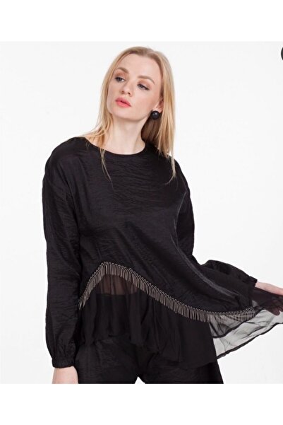 Hepsibitarz Kadın Siyah İpek Zincirli Tasarım Oversize  Bluz