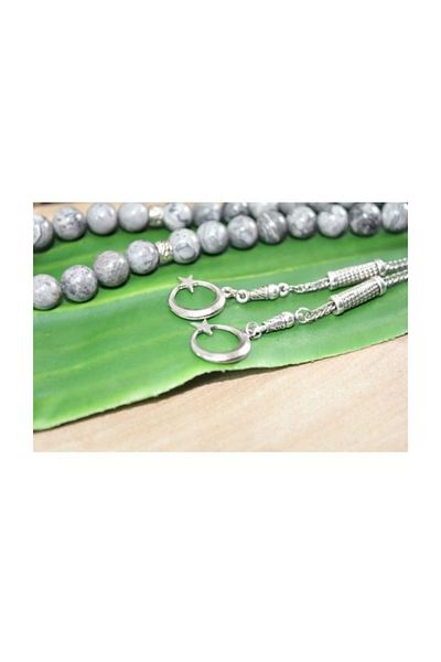 RD EKOAVM Single Tassel Three Crescent Tip Globe Cut 8 mm Rosary Veined Smoke Agate Stone Rdt2183