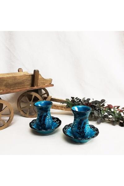 ÇETİN ÇİNİ 6 Kişilik El Işi Çini Turkuaz Yeşil Çay Seti