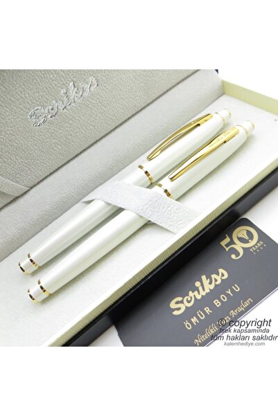 Scrikss 35 Beyaz Altın Dolma Kalem + Roller Kalem Seti | Noble | Isme Özel Ka...