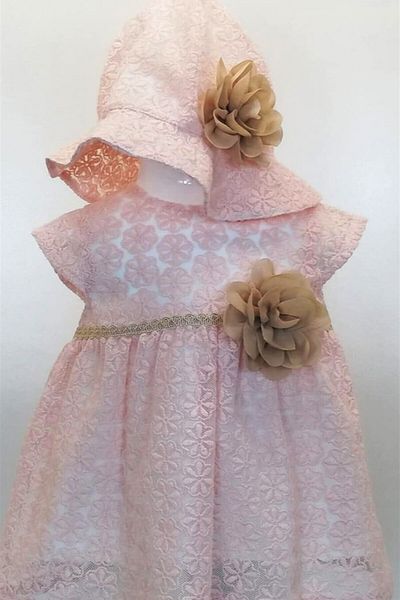 Capps Baby Girl Lace Dress Hat Set Salmon