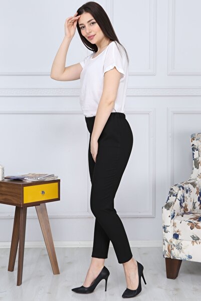 Gül Moda Kadın Siyah Dar Paça Kumaş Pantolon Beli Lastikli G004