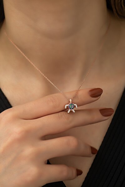 Nereze 925 Ayar Gümüş Mistik Topaz Taşlı Minik Kaplumbağa Kolye Kadın Gümüş Kolye